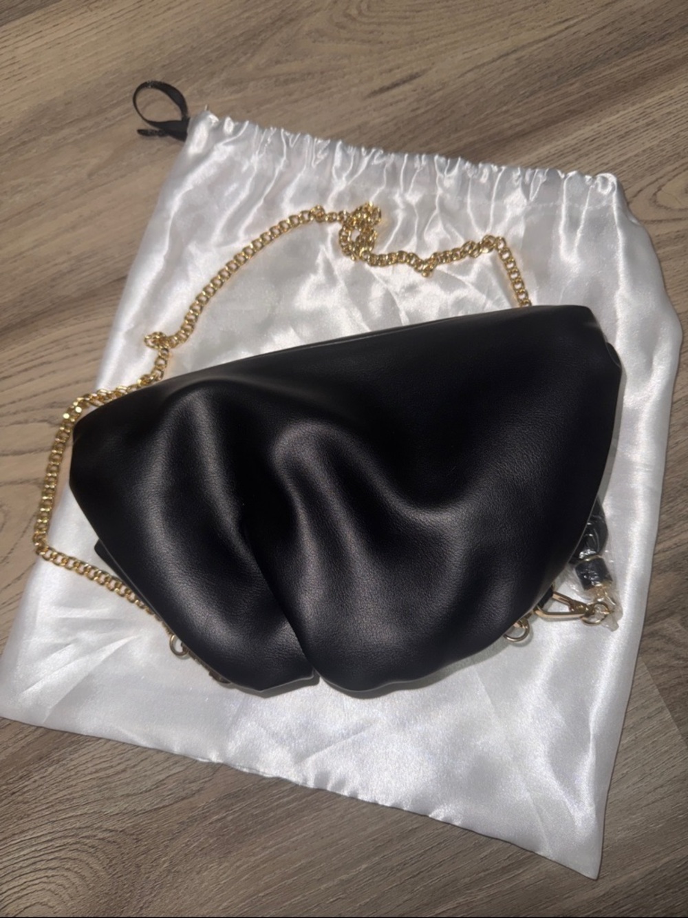 Understated Leather Black Pouch Clutch Bag Gold Chain Ruched Crossbody - Picture 4 of 7